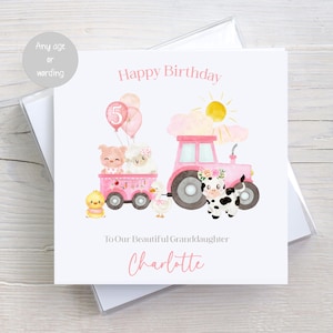 Carte d'anniversaire personnalisée avec tracteur rose pour filles, anniversaire de basse-cour, animaux de la ferme, fille, petite-fille, nièce, filleule, soeur