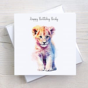 Carte d'anniversaire personnalisée lionceau arc-en-ciel pour fille, petite-fille, nièce, maman, pour elle, toute occasion