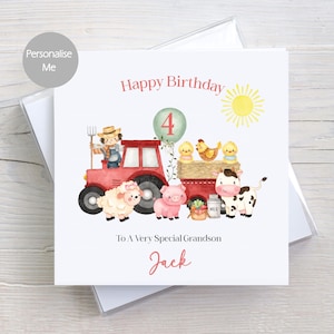 Carte d'anniversaire personnalisée avec tracteur pour enfants, anniversaire de basse-cour, animaux de la ferme, fille, fils, petite-fille, petit-fils, frère, soeur