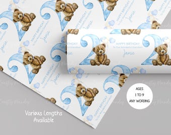 Personalised Teddy Bear Gift Wrap, 1st Birthday Bear Wrapping Paper, Blue Teddy Gift, Son, Grandson, Nephew, Boys, Age 1 to 9