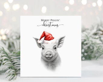 Personalised Pig in a Santa Hat sketch Christmas Card, Merry Piggin Christmas Card