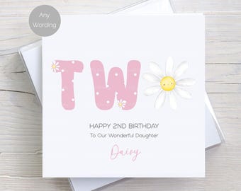 Personalised Second Birthday Card for Girls, Daughter, Granddaughter, Niece, Daisy Card Two Year Old Girl, Two Today, 2nd Birthday Card
