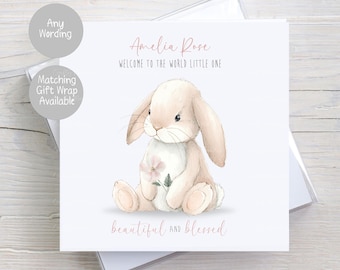 Personalised New Baby Card for Granddaughter, Niece, Daughter, Goddaughter, Little Girl, Baby Bunny Card for Girls
