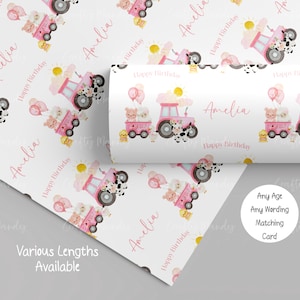 Papier cadeau personnalisé tracteur rose pour filles, papier cadeau anniversaire tracteur de basse-cour, animaux de la ferme, fille, petite-fille, nièce