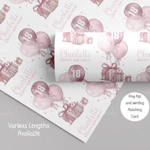 Papier cadeau personnalisé, papier d'anniversaire à imprimé léopard pour fille, ballons pini, fille, petite-fille, nièce, meilleure amie, 16, 18, 21