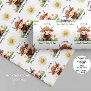Papier cadeau d'anniversaire personnalisé vache Highland pour filles, emballage cadeau vache, jolie vache Highland, petite-fille, fille, nièce, filleule