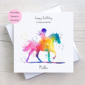 Carte d'anniversaire personnalisée fille et poney, carte colorée d'équitation pour petite-fille, nièce, fille, pour elle
