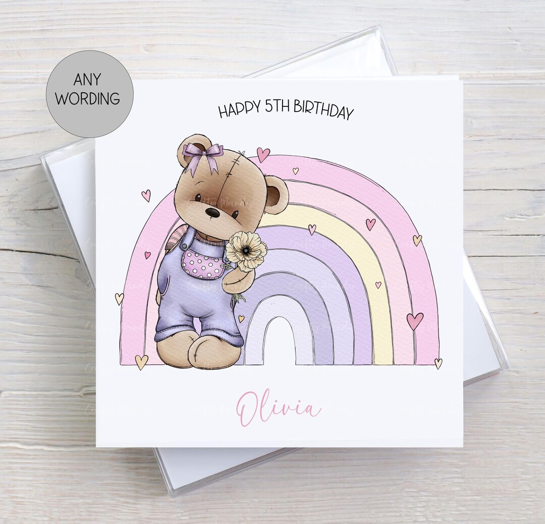 Teddy Bear Rainbow Birthday Card – Personalised Age Card for Girls ...