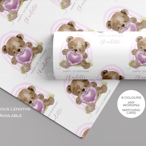 Papier cadeau personnalisé, 1er anniversaire, tout âge, pour fille, pour garçon, fille, petite-fille, fils, petit-fils, ours en peluche, coeur arc-en-ciel