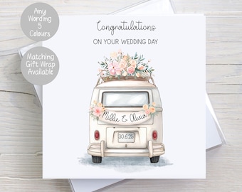 May include: A white wedding card with a watercolor illustration of a vintage van decorated with flowers. The text "Congratulations ON YOUR WEDDING DAY" is written at the top. The names "Millie & Olivia" and the date "30.6.25" are also visible.