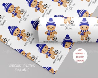 Personalised Gingerbread Man Football Scarf Wrapping Paper for Boys and Girls, Christmas Gift Wrap for Boys and Girls, Football Team Colours