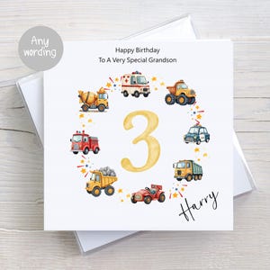 Anniversaire de véhicule de construction personnalisée, carte de véhicules d'urgence pour garçons, pour fils, petit-fils, neveu, frère, tous âges et toutes formulations