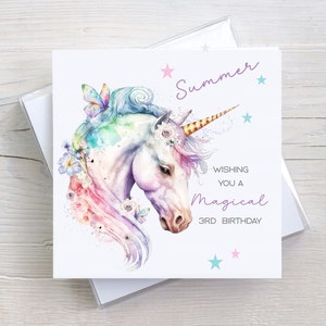 Carte d'anniversaire licorne arc-en-ciel, anniversaire magique, carte personnalisée pour fille, petite-fille, anniversaire de filles, pour elle