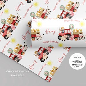Papier cadeau personnalisé anniversaire tracteur pour garçons et filles, emballage cadeau de basse-cour petite-fille, petit-fils, fils, fille