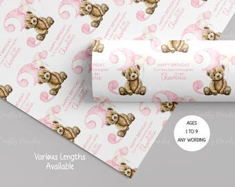 Personalised Teddy Bear Gift Wrap, 1st Birthday Bear Wrapping Paper, Pink Teddy Gift, Daughter, Granddaughter, Niece, Girls, Age 1 to 9