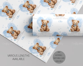 Personalised Christmas Gift Wrap – Custom Name Teddy Bear Wrapping Paper | Baby’s 1st Christmas | Young Boys | Blue Design