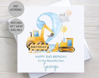 Personalised Construction 2nd Birthday Card for Boys, 2 Today,  Digger Theme, Son, Grandson, Nephew, Boys Birthday