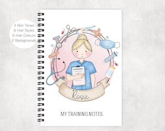 May include: A spiral-bound notebook with a cartoon illustration of a nurse holding a clipboard. The illustration is surrounded by medical tools and a banner that says "Rosie". The text "MY TRAINING NOTES" is below the illustration. The notebook has the text "3 Skin Tones, 6 Hair Styles, 5 Hair Colours, 2 Backgrounds".