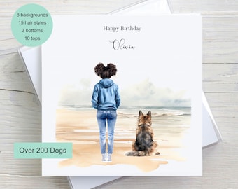 Dog Lover Birthday Card, Build Your Own Custom Card, Personalised Girl and Her Dog Birthday Card, Dog Walker Card