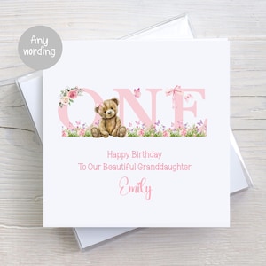 Carte personnalisée 1er anniversaire pour filles, carte rose pour petite-fille, fille, nièce, filleule, filles, ours en peluche, un aujourd'hui