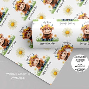 Papier cadeau d'anniversaire personnalisé vache Highland pour filles, emballage cadeau vache, jolie vache Highland, petite-fille, fille, nièce, filleule