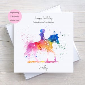 Carte d'anniversaire personnalisée fille et poney, carte colorée d'équitation pour petite-fille, nièce, fille, pour elle