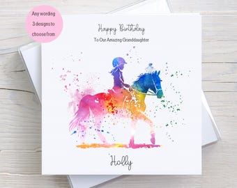 Personalised Birthday Card Girl and Pony, Colourful Horse Riding Card for Granddaughter, Niece, Daughter, for Her