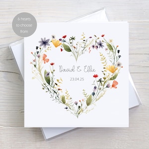 Carte de mariage personnalisée, couronne florale, cadeau de mariage coeur fleurs sauvages, carte d'anniversaire, cadeau de fiançailles