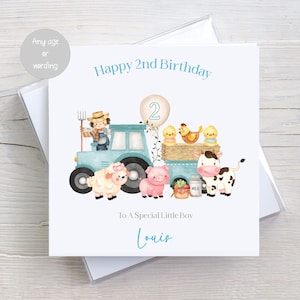 Carte d'anniversaire personnalisée avec tracteur bleu pour garçons et filles, anniversaire de basse-cour, animaux de la ferme, fils, petit-fils, fille, petite-fille, neveu