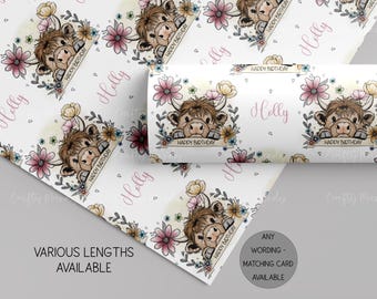Highland Cow Birthday Wrapping Paper, Personalised Cow Gift Wrap for Cow Lovers