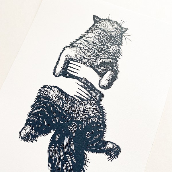 Happy Kitty original handmade linocut print in charcoal ink on Fabriano Rosaspina White printmaking paper