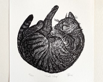 Cat Nap original linocut print