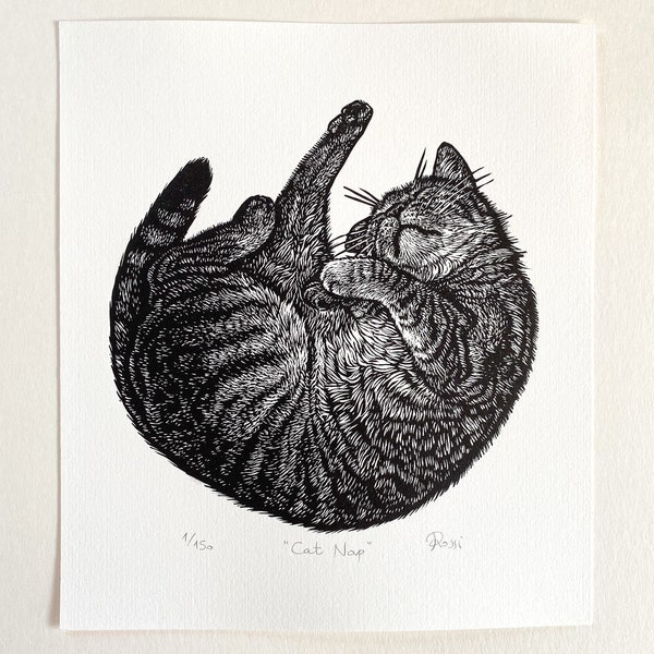 Cat Nap original linocut print