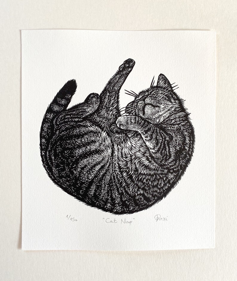 Cat Nap original linocut print image 1