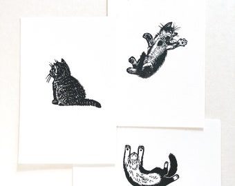 Set of three mini prints funny cat art cute cat art original linocut prints