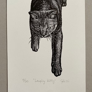 Leaping Kitty original linocut print
