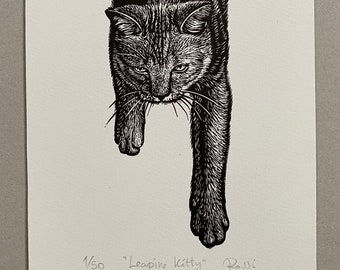 Leaping Kitty original linocut print