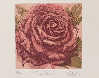 Pink Rose mixed media original colour intaglio print