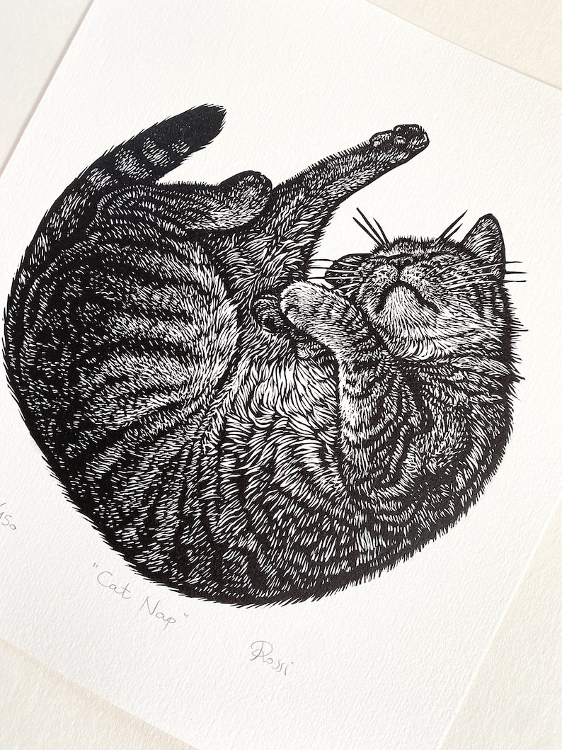 Cat Nap original linocut print image 2