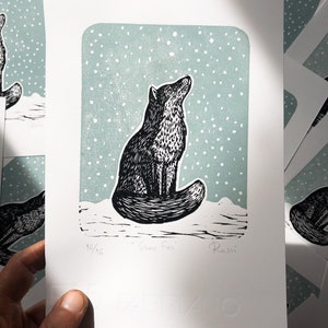 Schnee Fuchs Linoldruck