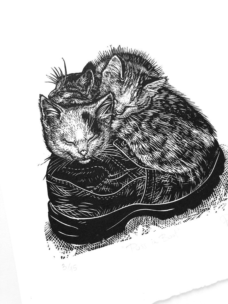 Puss in boot original linocut print handmade art cat lovers funny cat art image 2