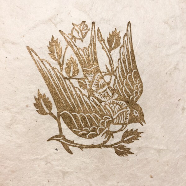 Swallow and roses old school tattoo inspired handprinted linocut print on handmade Lokta paper