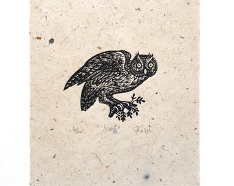 Impression linogravée originale de hibou sur papier Lokta fait à la main