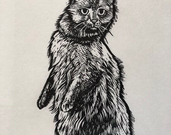 Curious Cat hecho a mano linograbado impresión en blanco y negro regalo impreso a mano para los amantes de los gatos persona gato