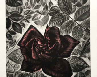 In the Garden mezzotint print original work of art engraving