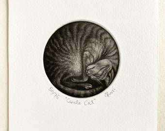 Circle Cat original mezzotint print