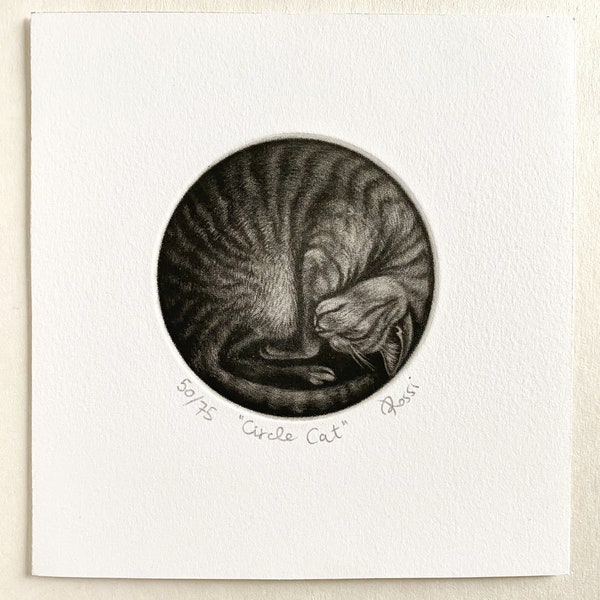 Circle Cat original mezzotint print