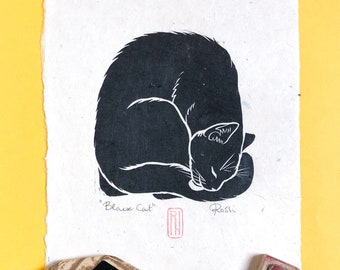 Black Cat original linocut print