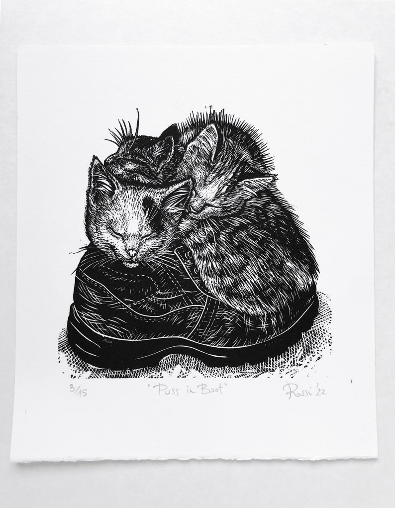 Puss in boot original linocut print handmade art cat lovers funny cat art image 3
