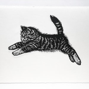 Geronimooooooo original linocut print, cute cat art